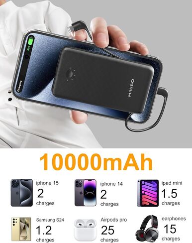 Ultra Slim 10000mAh Power Bank, Built-in Cables and AC Wall Plug, Black in Saudi Arabia