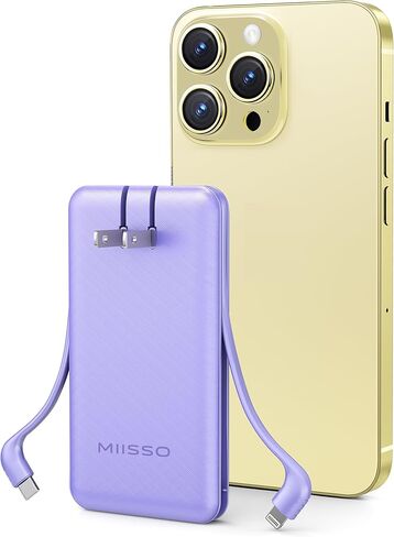 miisso Ultra Slim 10000mAh Power Bank كابلات مدمجة ومقبس حائط تيار متردد، شاحن محمول USB C بحجم الجيب، حزمة بطارية خارجية متوافقة مع iPhone Samsung iPad وما إلى ذلك، أسود in Kuwait