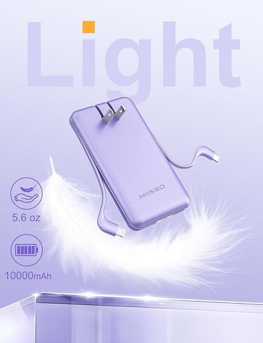 miisso Ultra Slim 10000mAh Power Bank كابلات مدمجة ومقبس حائط تيار متردد، شاحن محمول USB C بحجم الجيب، حزمة بطارية خارجية متوافقة مع iPhone Samsung iPad وما إلى ذلك، أسود in Kuwait