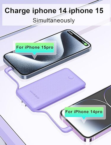 miisso Ultra Slim 10000mAh Power Bank كابلات مدمجة ومقبس حائط تيار متردد، شاحن محمول USB C بحجم الجيب، حزمة بطارية خارجية متوافقة مع iPhone Samsung iPad وما إلى ذلك، أسود in Kuwait