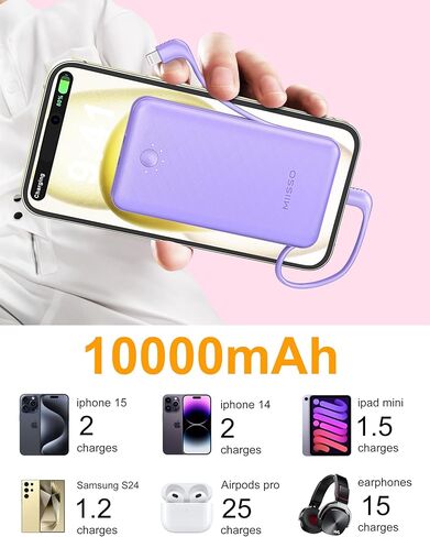 miisso Ultra Slim 10000mAh Power Bank كابلات مدمجة ومقبس حائط تيار متردد، شاحن محمول USB C بحجم الجيب، حزمة بطارية خارجية متوافقة مع iPhone Samsung iPad وما إلى ذلك، أسود in Kuwait
