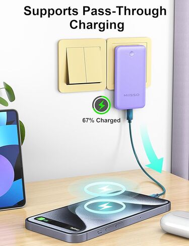 miisso Ultra Slim 10000mAh Power Bank كابلات مدمجة ومقبس حائط تيار متردد، شاحن محمول USB C بحجم الجيب، حزمة بطارية خارجية متوافقة مع iPhone Samsung iPad وما إلى ذلك، أسود in Kuwait