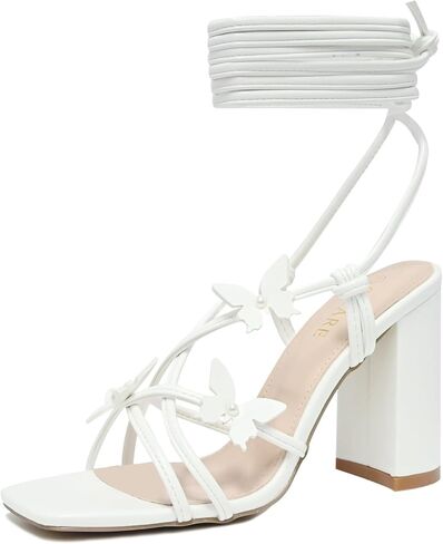 Strappy Heels for Women Sexy Lace Up Chunky High Heels Sandals Square Open Toe Heels with Bow White Black Gold Silver Tie Up Block Heels for Party, Prom, Evening in Kuwait