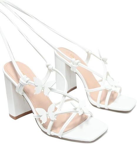 Strappy Heels for Women Sexy Lace Up Chunky High Heels Sandals Square Open Toe Heels with Bow White Black Gold Silver Tie Up Block Heels for Party, Prom, Evening in Kuwait