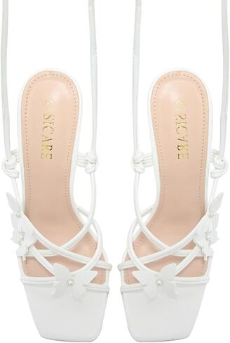 Strappy Heels for Women Sexy Lace Up Chunky High Heels Sandals Square Open Toe Heels with Bow White Black Gold Silver Tie Up Block Heels for Party, Prom, Evening in Kuwait
