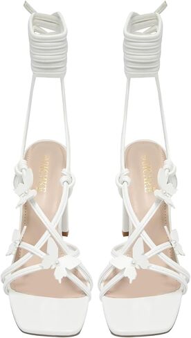 Strappy Heels for Women Sexy Lace Up Chunky High Heels Sandals Square Open Toe Heels with Bow White Black Gold Silver Tie Up Block Heels for Party, Prom, Evening in Kuwait
