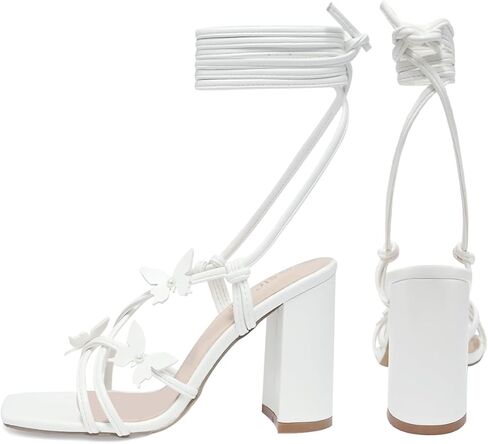 Strappy Heels for Women Sexy Lace Up Chunky High Heels Sandals Square Open Toe Heels with Bow White Black Gold Silver Tie Up Block Heels for Party, Prom, Evening in Kuwait