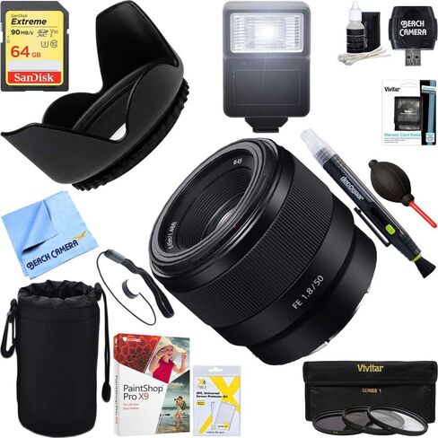 سوني (SEL50F18F FE عدسة E-Mount كاملة الإطار مقاس 50 مم F1.8 + حزمة التصوير الفوتوغرافي فلاش وفلتر فائق سعة 64 جيجابايت) in Saudi Arabia