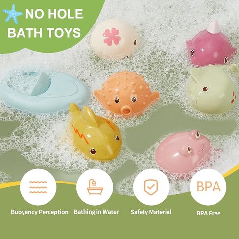 No Hole Bath Toys - 9 PCS Animal and Floating Boats Bath Toys for Babies 6-12 Months, Baby Bathtub Pool Shower Toys Presents for Toddlers Infants Girls Boys in Saudi Arabia