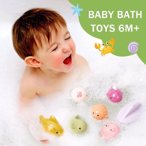 No Hole Bath Toys - 9 PCS Animal and Floating Boats Bath Toys for Babies 6-12 Months, Baby Bathtub Pool Shower Toys Presents for Toddlers Infants Girls Boys in Saudi Arabia