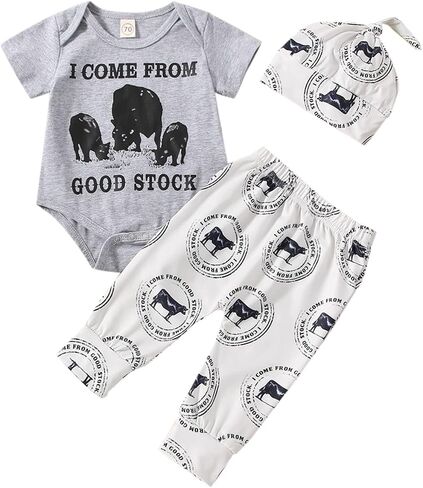 Newborn Baby Boy Summer Clothes Short Sleeve Letter Romper Farm Tractor Chicken Print Pants Hat 3Pcs Outfit in Saudi Arabia