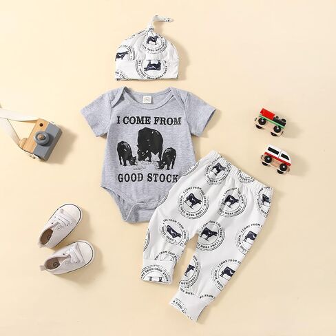 Newborn Baby Boy Summer Clothes Short Sleeve Letter Romper Farm Tractor Chicken Print Pants Hat 3Pcs Outfit in Saudi Arabia