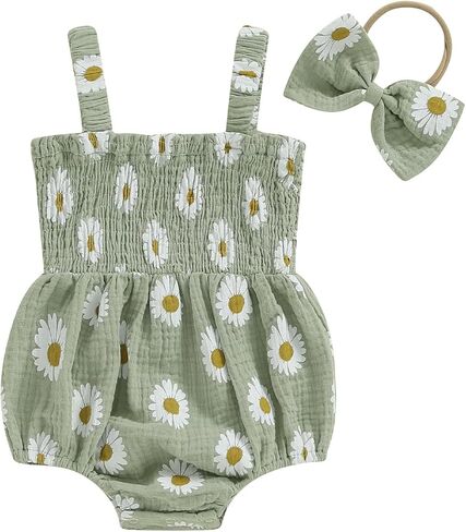 Hoanselay Baby Girl Summer Clothes Daisy Sleeveless Smocked Bubble Romper Cotton Linen Bodysuit Jumpsuit Newborn Girl Outfit in Saudi Arabia