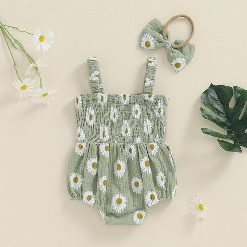 Hoanselay Baby Girl Summer Clothes Daisy Sleeveless Smocked Bubble Romper Cotton Linen Bodysuit Jumpsuit Newborn Girl Outfit in Saudi Arabia