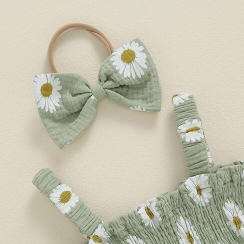 Hoanselay Baby Girl Summer Clothes Daisy Sleeveless Smocked Bubble Romper Cotton Linen Bodysuit Jumpsuit Newborn Girl Outfit in Saudi Arabia
