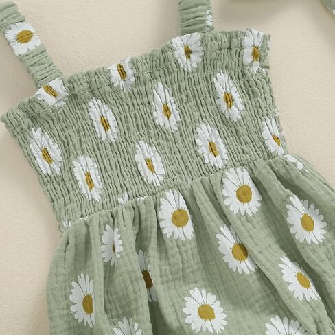 Hoanselay Baby Girl Summer Clothes Daisy Sleeveless Smocked Bubble Romper Cotton Linen Bodysuit Jumpsuit Newborn Girl Outfit in Saudi Arabia