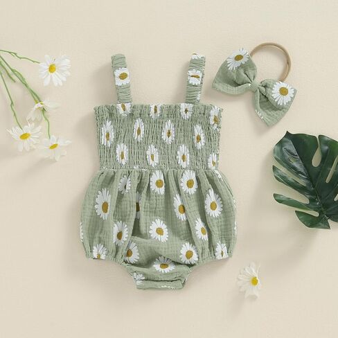 Hoanselay Baby Girl Summer Clothes Daisy Sleeveless Smocked Bubble Romper Cotton Linen Bodysuit Jumpsuit Newborn Girl Outfit in Saudi Arabia