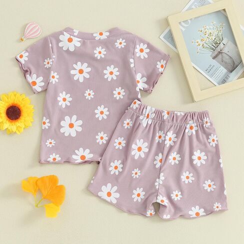 0-3T Toddler Baby Girl Summer Clothes Short Sleeve Floral Tshirt Tops and Shorts Set Oversized Outfit Boho Clothes in Saudi Arabia