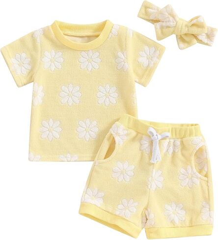 0-3T Toddler Baby Girl Summer Clothes Short Sleeve Floral Tshirt Tops and Shorts Set Oversized Outfit Boho Clothes in Saudi Arabia