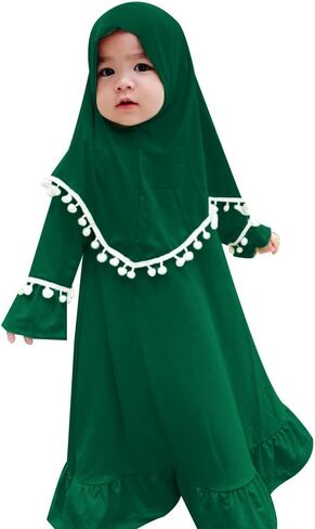 OBEEII Toddler Baby Girl Abaya Dress with Hijab Long Sleeve Smocked Dress Islamic Dubai Full Cover Modest Muslim Dress in Saudi Arabia