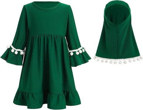 OBEEII Toddler Baby Girl Abaya Dress with Hijab Long Sleeve Smocked Dress Islamic Dubai Full Cover Modest Muslim Dress in Saudi Arabia