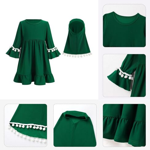 OBEEII Toddler Baby Girl Abaya Dress with Hijab Long Sleeve Smocked Dress Islamic Dubai Full Cover Modest Muslim Dress in Saudi Arabia