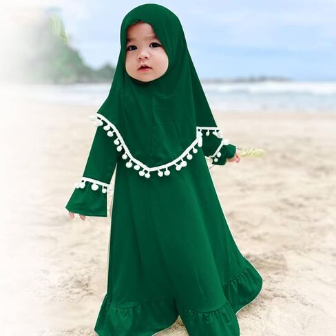 OBEEII Toddler Baby Girl Abaya Dress with Hijab Long Sleeve Smocked Dress Islamic Dubai Full Cover Modest Muslim Dress in Saudi Arabia