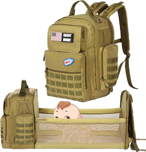 Diaper Bag Backpack for Dad with Changing Station, Expandable Brown Military Diaper Bag Backpack with Waterproof Changing Pad,Large Tactical Mens Baby Bag,Unisex Molle Style Baby Backpack Bag in Saudi Arabia