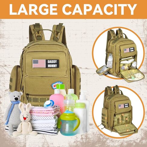 Diaper Bag Backpack for Dad with Changing Station, Expandable Brown Military Diaper Bag Backpack with Waterproof Changing Pad,Large Tactical Mens Baby Bag,Unisex Molle Style Baby Backpack Bag in Saudi Arabia