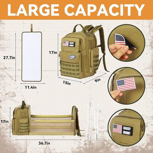 Diaper Bag Backpack for Dad with Changing Station, Expandable Brown Military Diaper Bag Backpack with Waterproof Changing Pad,Large Tactical Mens Baby Bag,Unisex Molle Style Baby Backpack Bag in Saudi Arabia