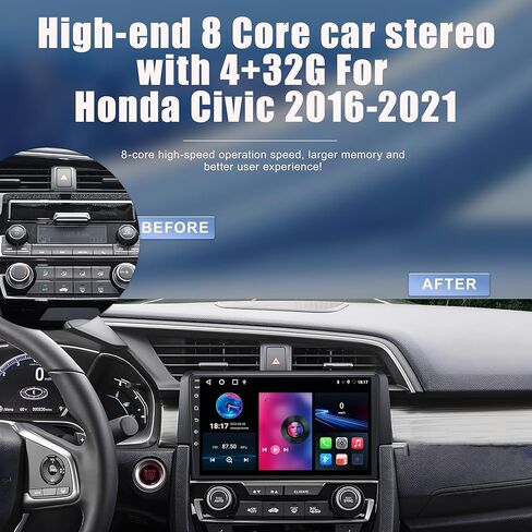 ستيريو سيارة لهوندا سيفيك 2016-2021 8 Core 4+32G مع CarPlay Android Auto، 9 بوصة IPS شاشة لمس بلوتوث مشغل راديو السيارة مع كاميرا احتياطية، AM/FM/RDS، AUX، DSP، SWC، HiFi in Kuwait