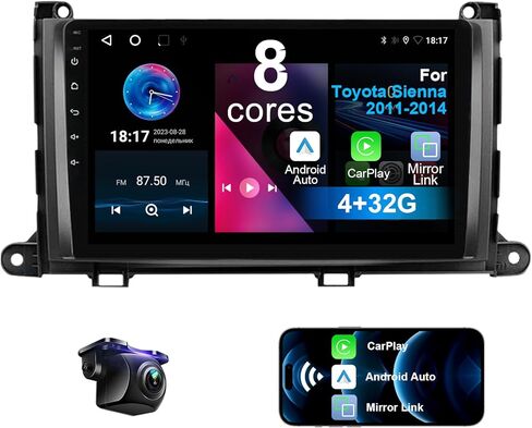 ستيريو سيارة لتويوتا سيينا 2011-2014 8 Core 4+32G مع CarPlay Android Auto، 9 بوصة 1280X720 IPS شاشة لمس بلوتوث مشغل راديو السيارة مع كاميرا احتياطية، AM/FM/RDS، AUX، Hi-Fi، SWC in Kuwait