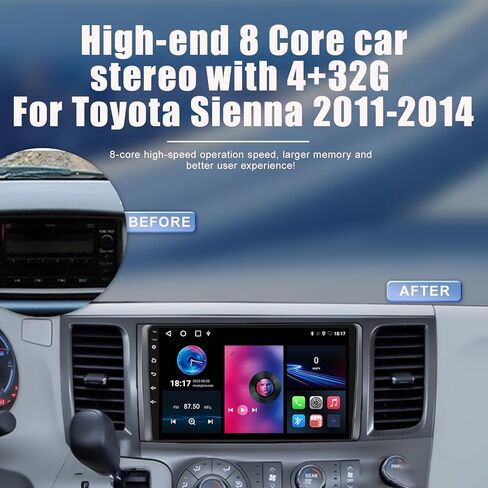 ستيريو سيارة لتويوتا سيينا 2011-2014 8 Core 4+32G مع CarPlay Android Auto، 9 بوصة 1280X720 IPS شاشة لمس بلوتوث مشغل راديو السيارة مع كاميرا احتياطية، AM/FM/RDS، AUX، Hi-Fi، SWC in Kuwait