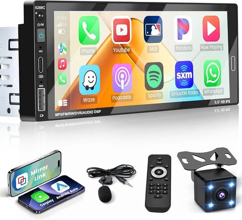 Hikity 6.9 بوصة Carplay Car Stereo Single Din Car Radio Android Auto، HD شاشة تعمل باللمس مع بلوتوث 5.0 التحكم الصوتي مرآة وصلة FM RDS EQ SWC، جهاز استقبال صوت السيارة مع USB/SWC/MIC/AUX-in in Saudi Arabia