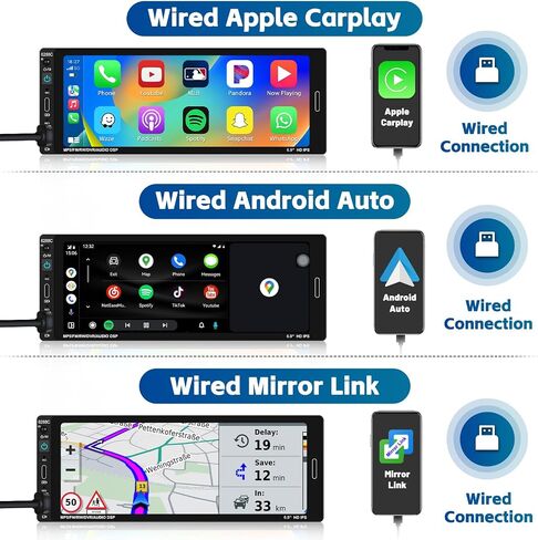 Hikity 6.9 بوصة Carplay Car Stereo Single Din Car Radio Android Auto، HD شاشة تعمل باللمس مع بلوتوث 5.0 التحكم الصوتي مرآة وصلة FM RDS EQ SWC، جهاز استقبال صوت السيارة مع USB/SWC/MIC/AUX-in in Saudi Arabia