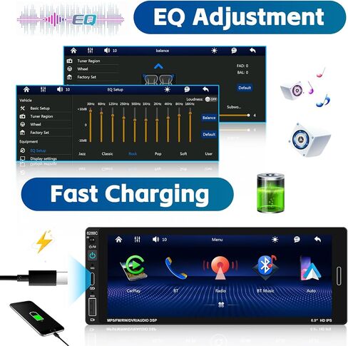 Hikity 6.9 بوصة Carplay Car Stereo Single Din Car Radio Android Auto، HD شاشة تعمل باللمس مع بلوتوث 5.0 التحكم الصوتي مرآة وصلة FM RDS EQ SWC، جهاز استقبال صوت السيارة مع USB/SWC/MIC/AUX-in in Saudi Arabia