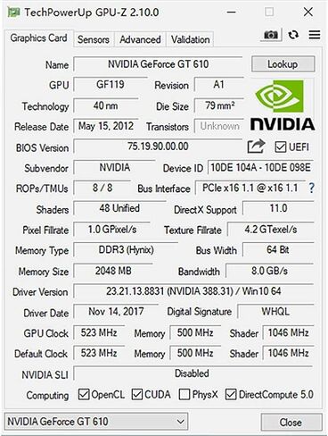بطاقة فيديو Geforce GT 610 سعة 2 جيجابايت، بطاقة رسومات الكمبيوتر للكمبيوتر الشخصي، 2GD3 64 بت، HDMI VGA، ملف تعريف منخفض، PCI Express x16، DirectX 11 in Saudi Arabia