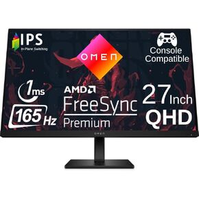 شاشة HP OMEN 27q 27 بوصة QHD للألعاب 165 هرتز IPS 1ms AMD Freesync Premium Console متوافقة مع DisplayPort Dual HDMI VESA قابلة للتركيب للكمبيوتر المحمول PS5 Xbox Desk Setup، أسود (متجدد) in Kuwait