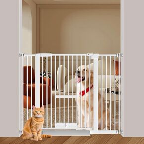 WAOWAO 1.37" Ultra Narrow Spacing Gate with Adjustable Cat Door 53.74-61.61" Extra Wide Baby Dog Gate Pressure Mounted Walk Through Double Lock White Metal Child Dog Pet for Indoor,Doorway,Kitchen