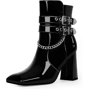 Women's Goth Chain Chunky High Heel Ankle Boots Square Toe Buckle Strap Booties