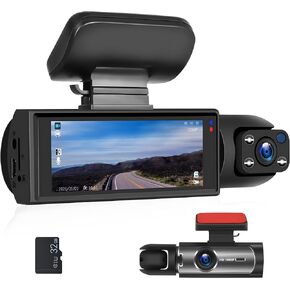 CAMECHO Dual Dash Cam 1080P Front and Inside Dash Camera for Cars 2 Channel Dashcam, 3.16" IPS Screen, IR Night Vision, Loop Recording, 24hr Parking Mode, Car Camera with 32GB TF Card Driving Recorder