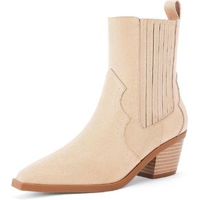 Coutgo Womens Western Pointed Toe Ankle Booties Chunky Stacked Heel Chelsea Boots Cowboy Elastic Winter Boots