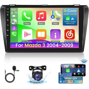 [8 Core 4+64G] Car Radio for Mazda 3 2004-2009 with Wireless Carplay and Android Auto - 9 Inch 1280 * 720 IPS Touchscreen Android 13 Car Stereo - DSP 32EQ / GPS/WiFi/SWC + AHD Backup Camera