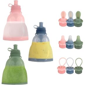 Silicone Refillable Baby Food Pouches, Reusable Squeeze Storage Pouch Bags with Caps for Kids, Washable & Freezable Safe, 10 Oz