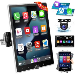 [2G+64G] Android 13 Single Din Vertical Car Stereo Rotatable 10.4 inch Touch Screen Radio with Carplay/Android Auto/EQ Audio/Bluetooth 4.2/SWC/GPS Navigation/FM RDS Radio +Backup Camera