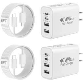 40W USB C Charger Block, 4-Port Type C Fast Charging Block Dual PD&QC Wall Plug Power Adapter with USB C to C Charging Cables for iPhone 15/15 Pro/ 15 Pro Max/14/13/12, Samsung Galaxy S24 Series