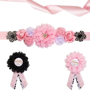 Pink and Black Color Scheme Maternity Sash Set Daddy and Mommy to be Corsage Pin Flowers Baby Shower Souvenir Sash Supplies Gender Reveal Decorations Pregnancy Photography Props（Pink Black）