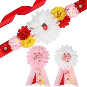 Strawberry Daisy Baby Shower Maternity Sash Kit - Strawberry Baby Shower Belly Belt and Mom to Be & Dad to Be Corsage Pins, New Parents Pregnancy Photo Props Party Supplies
