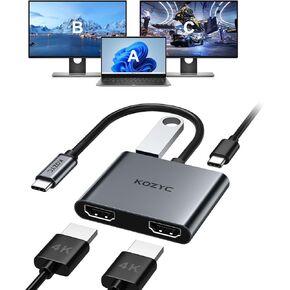 USB C to Dual HDMI Adapter 4K@30Hz, USB C Hub Multiport Adapter with 2xHDMI, USB 3.0, 100W PD, Support USB C to HDMI Splitter Extended Display (MST Only Support Windows), Gray
