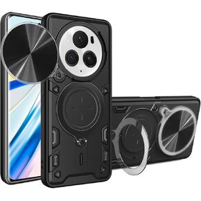 Case for Honor Magic 6 Pro 5G with Sliding Camera Window, Kickstand, TC+TPC Material,Shock-Proof Anti-Scratch Dual-Layer Phone Cover, Black